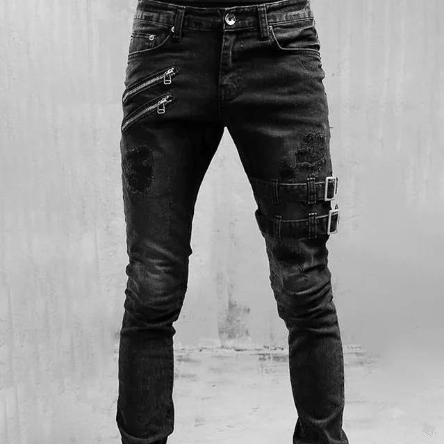 Men’s Gothic Buckle Jeans | Ripped Slim Fit Denim with Straps