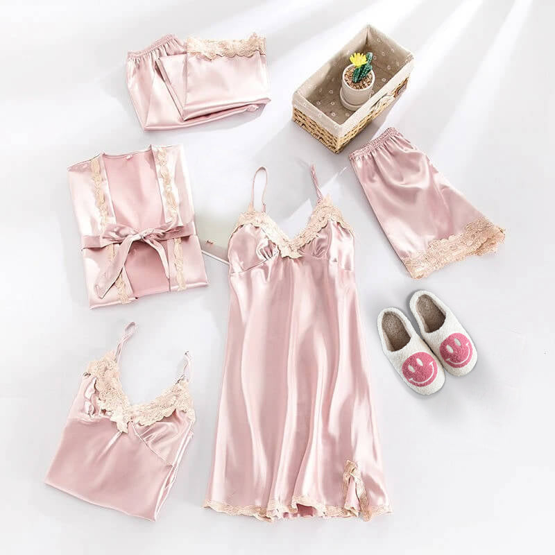Women’s Satin Pyjama Set | Five-Piece Sleepwear | Lace Trim Details | Elegant Loungewear