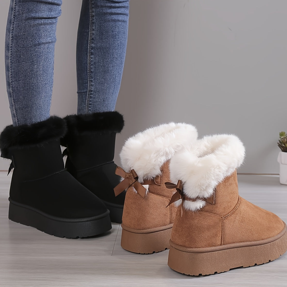 Plush Bow Knot Winter Boots | Stylish Warmth | Non-Slip Comfort