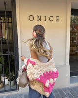Women’s Chunky Knit Cardigan | Pink Pattern | Balloon Sleeves | Cropped Autumn Layer