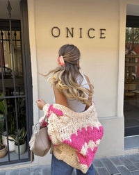 Women’s Chunky Knit Cardigan | Pink Pattern | Balloon Sleeves | Cropped Autumn Layer