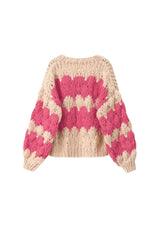 Women’s Chunky Knit Cardigan | Pink Pattern | Balloon Sleeves | Cropped Autumn Layer