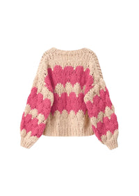 Women’s Chunky Knit Cardigan | Pink Pattern | Balloon Sleeves | Cropped Autumn Layer