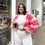 Women’s Chunky Knit Cardigan | Pink Pattern | Balloon Sleeves | Cropped Autumn Layer