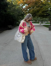 Women’s Chunky Knit Cardigan | Pink Pattern | Balloon Sleeves | Cropped Autumn Layer