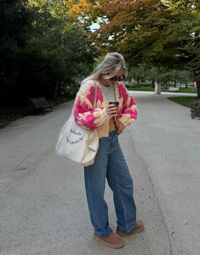 Women’s Chunky Knit Cardigan | Pink Pattern | Balloon Sleeves | Cropped Autumn Layer