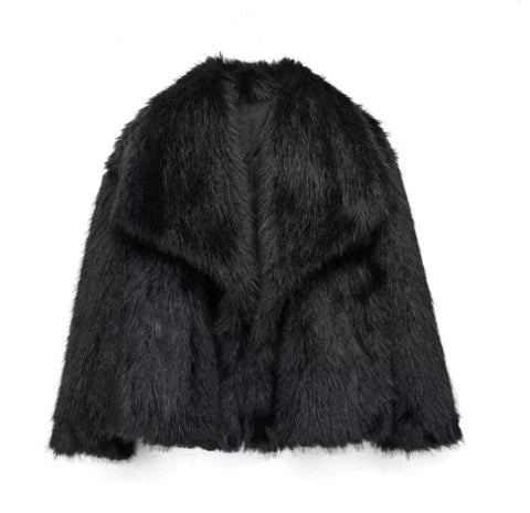 Women’s Faux Fur Winter Coat with Fold-Over Collar | Elegant Fluffy Jacket