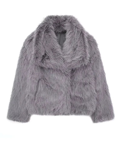 Women’s Faux Fur Winter Coat with Fold-Over Collar | Elegant Fluffy Jacket