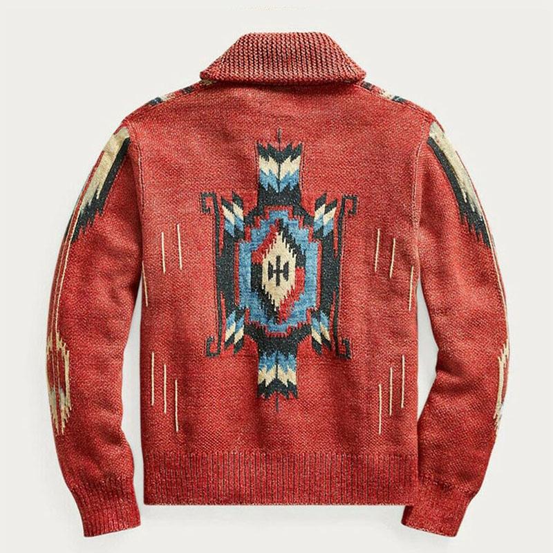 Men’s Jacquard Knit Cardigan with Lapel Collar | Vintage Smart Casual Sweater