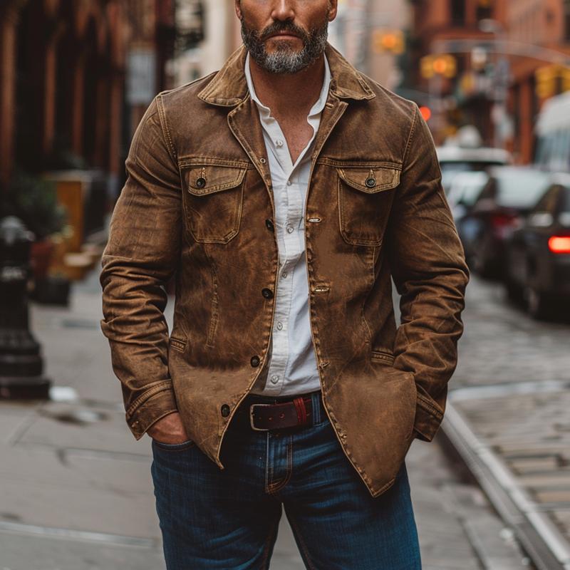 Men’s Heavy Washed Leather Jacket with Lapel Collar | Vintage Workwear Coat