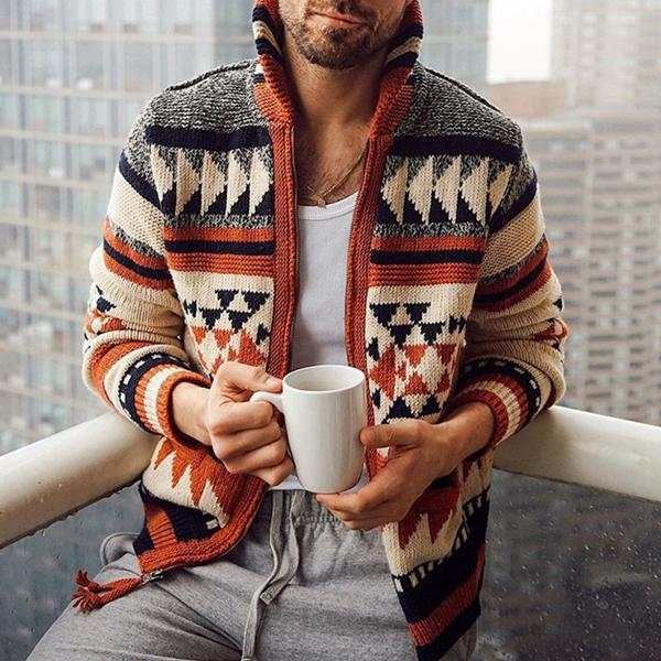 Men’s Geometric Zip Cardigan Sweater Jacket | Modern Knitwear Smart Casual