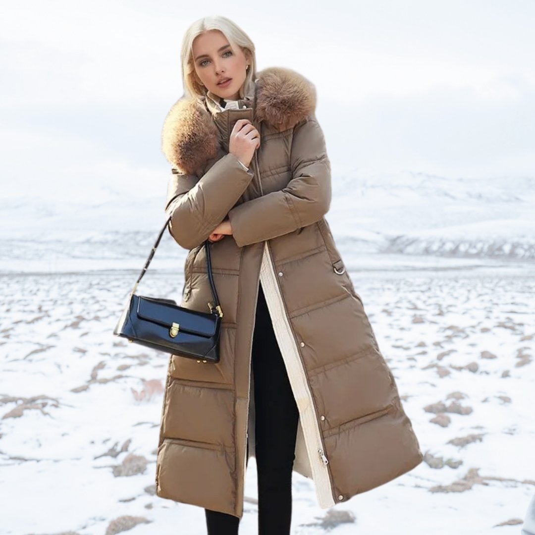 Women’s Long Puffer Coat with Fur Trim | Full-Length Winter Coat | Warm Quilted Design
