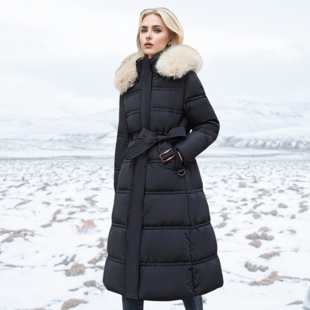 Women’s Long Puffer Coat with Fur Trim | Full-Length Winter Coat | Warm Quilted Design