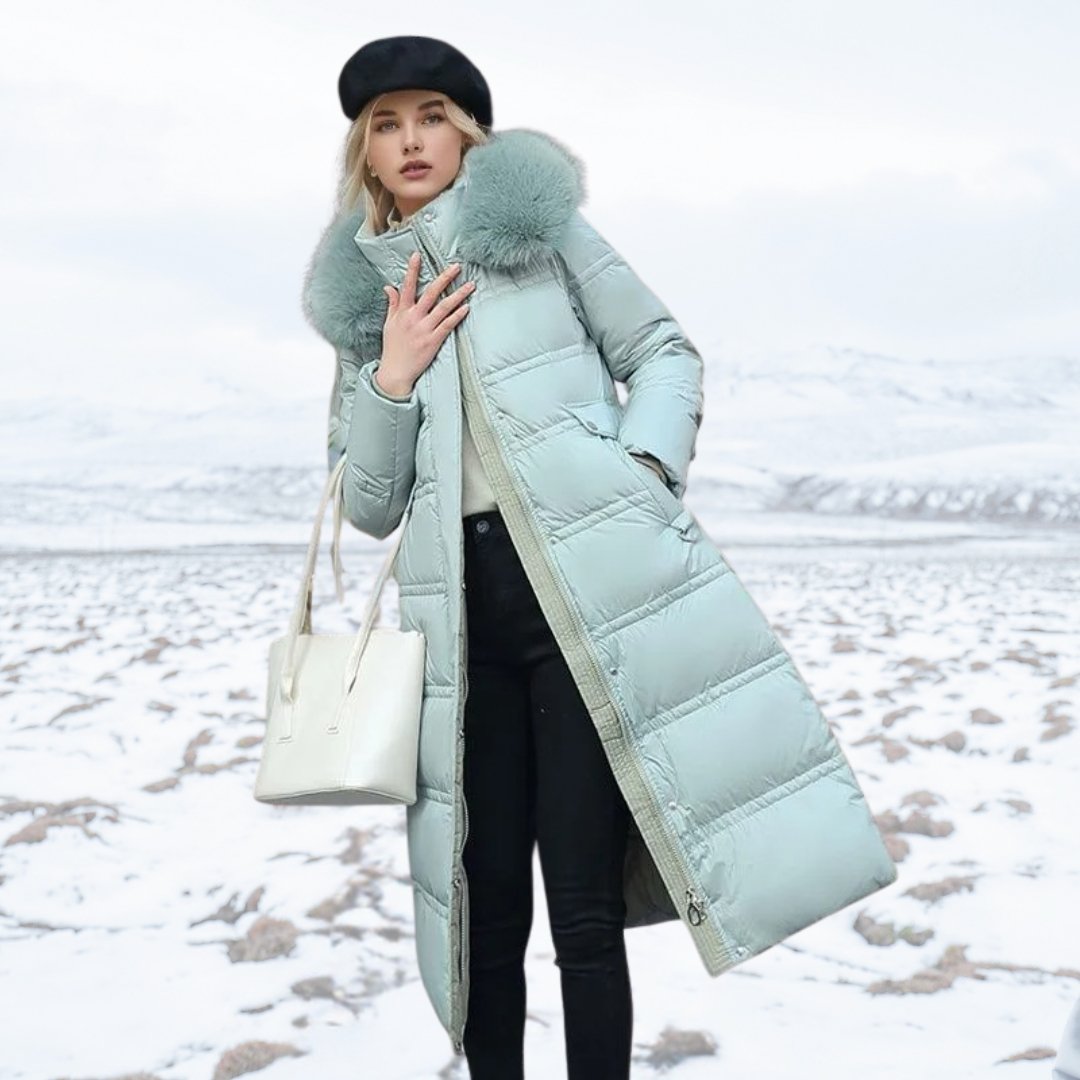 Women’s Long Puffer Coat with Fur Trim | Full-Length Winter Coat | Warm Quilted Design