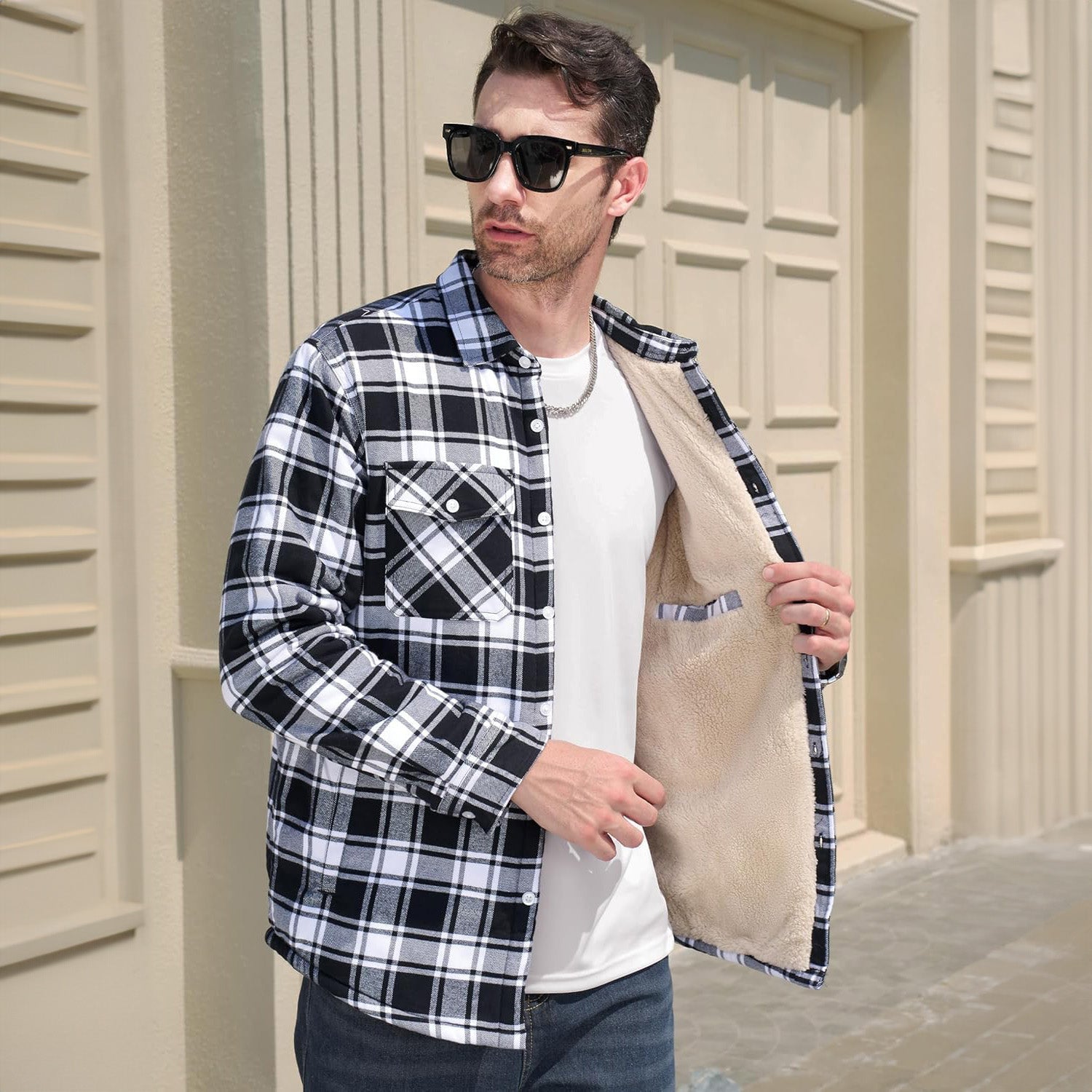 Men’s Fleece Lined Plaid Jacket in Cotton Shirt Style | Warm Winter Casual Coat