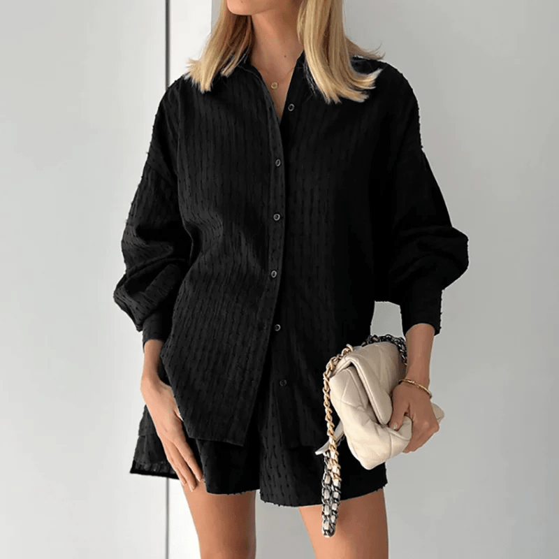 Two-Piece Shirt and Shorts Set | Long Sleeve Top | Relaxed Fit