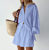 Two-Piece Shirt and Shorts Set | Long Sleeve Top | Relaxed Fit