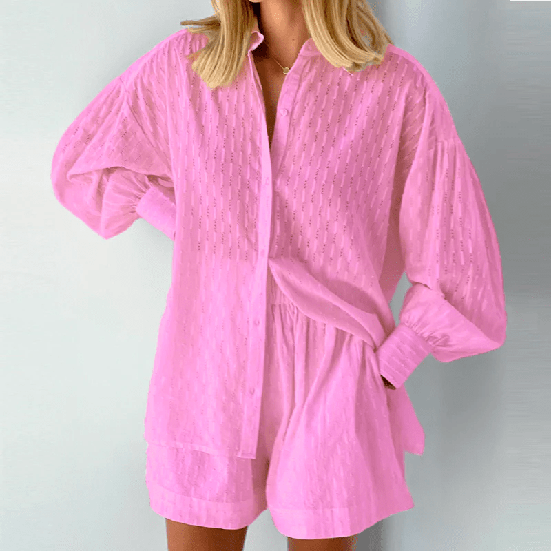 Two-Piece Shirt and Shorts Set | Long Sleeve Top | Relaxed Fit