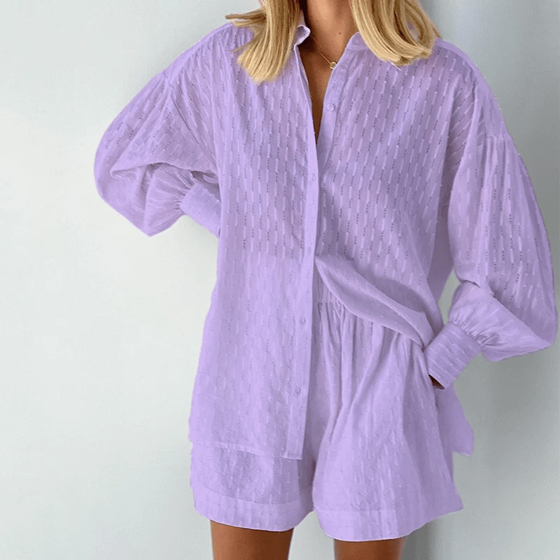 Two-Piece Shirt and Shorts Set | Long Sleeve Top | Relaxed Fit