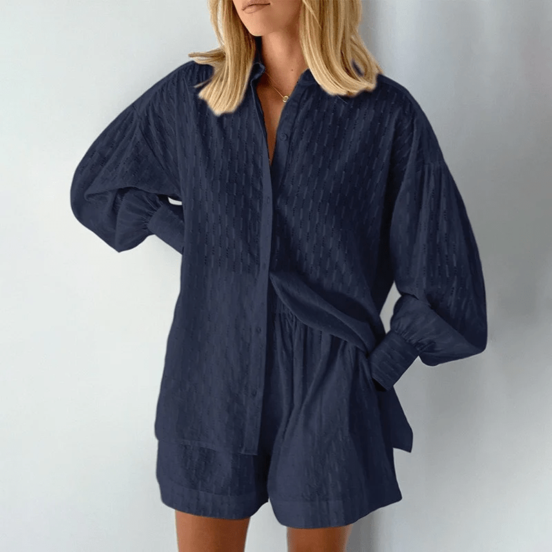 Two-Piece Shirt and Shorts Set | Long Sleeve Top | Relaxed Fit