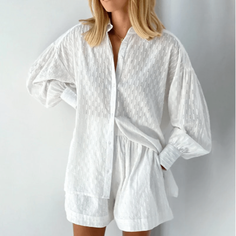Two-Piece Shirt and Shorts Set | Long Sleeve Top | Relaxed Fit