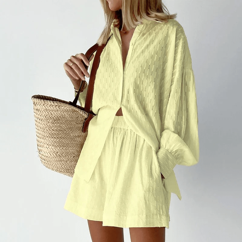 Two-Piece Shirt and Shorts Set | Long Sleeve Top | Relaxed Fit
