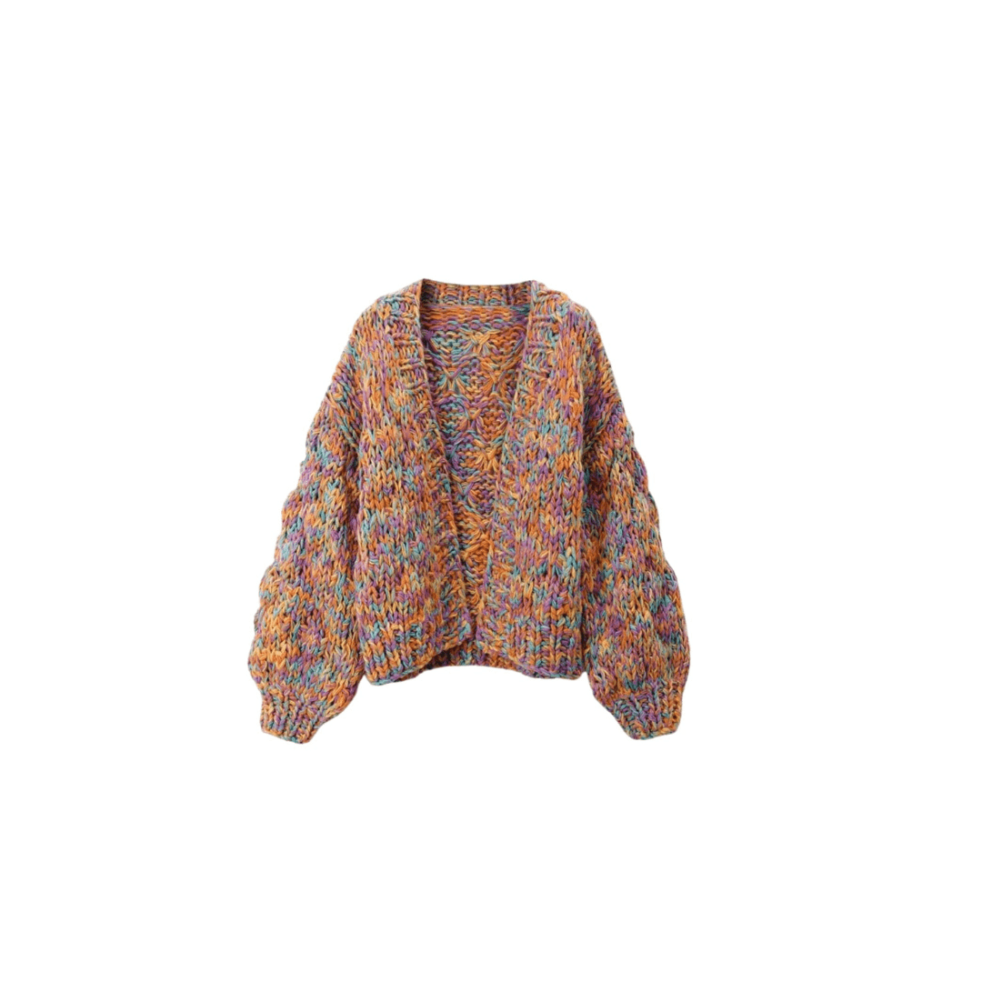 Women’s Chunky Knit Cardigan | Multicolour Yarn | Balloon Sleeves | Cosy Autumn Layer