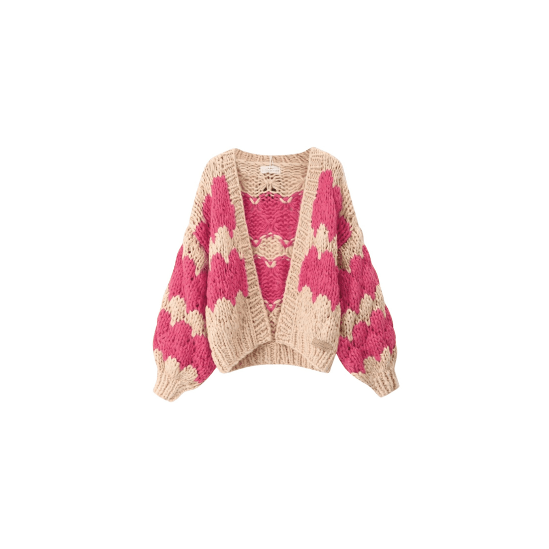 Women’s Chunky Knit Cardigan | Pink Pattern | Balloon Sleeves | Cropped Autumn Layer
