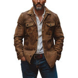 Men’s Heavy Washed Leather Jacket with Lapel Collar | Vintage Workwear Coat