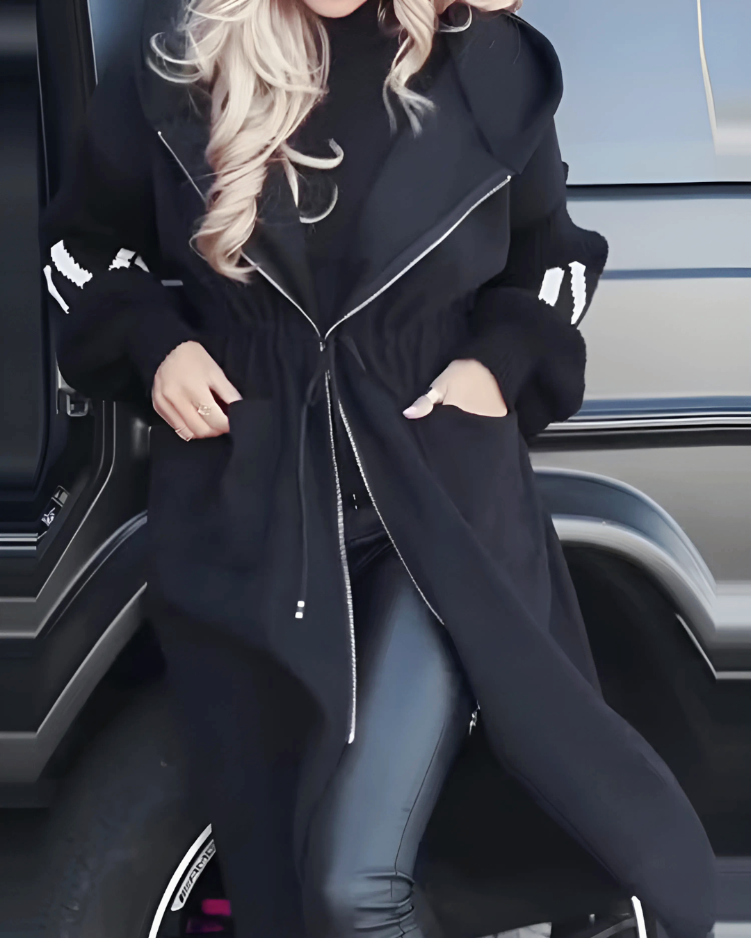 Women’s Long Hooded Coat in Black Zip-Up Style | Warm Fleece Lined Winter Jacket