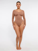 Wholesale Seamless Long Sleeve Chest Support Tummy Control Thong Bodysuit