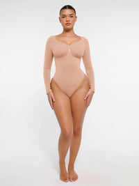 Wholesale Seamless Long Sleeve Chest Support Tummy Control Thong Bodysuit