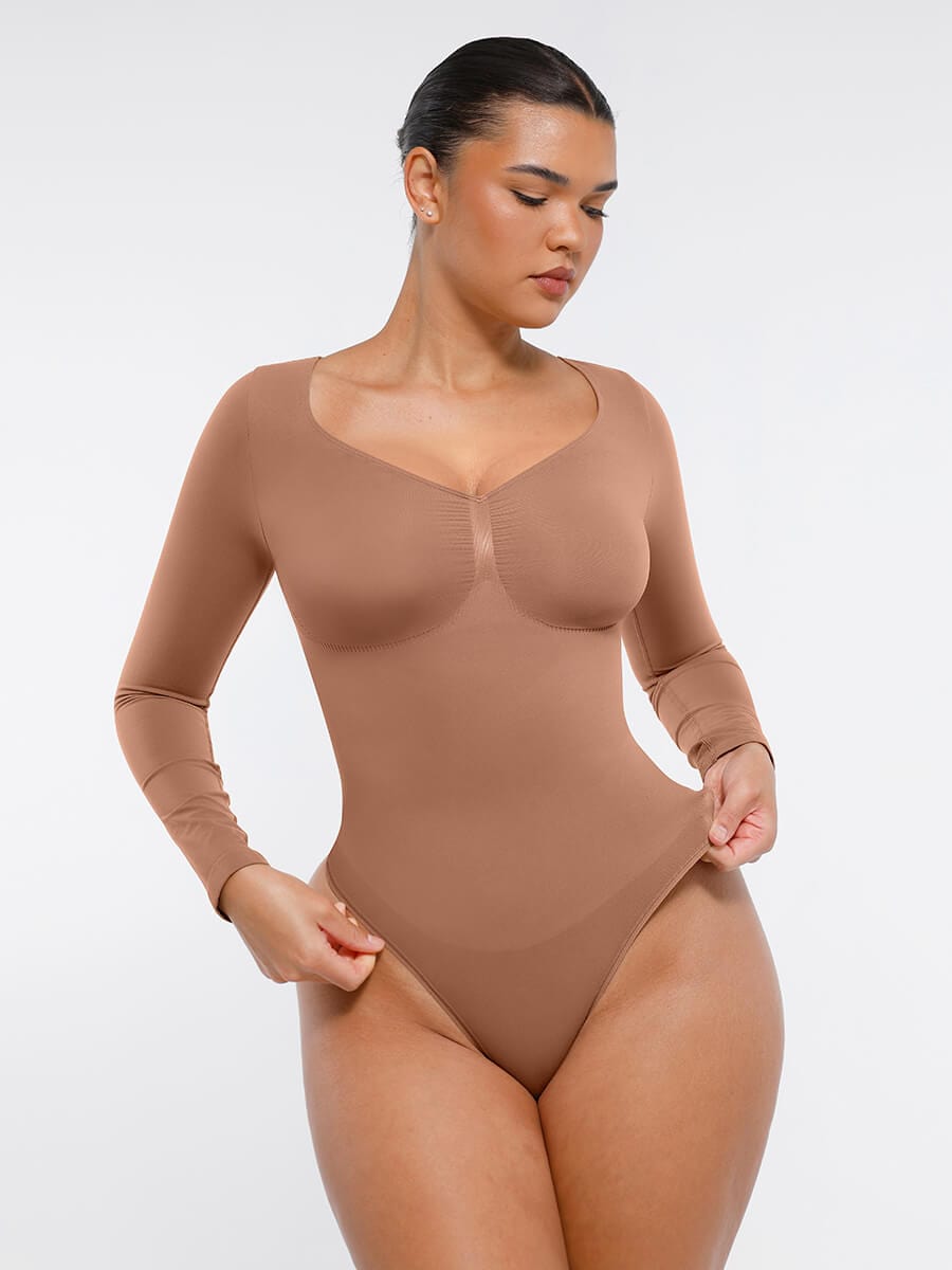 Wholesale Seamless Long Sleeve Chest Support Tummy Control Thong Bodysuit