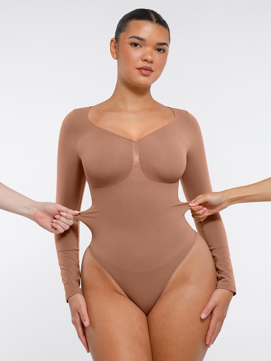 Wholesale Seamless Long Sleeve Chest Support Tummy Control Thong Bodysuit