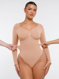 Wholesale Seamless Long Sleeve Chest Support Tummy Control Thong Bodysuit