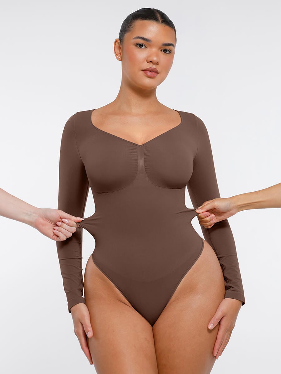 Wholesale Seamless Long Sleeve Chest Support Tummy Control Thong Bodysuit