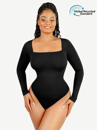 Wholesale 🌿Seamless Eco-friendly Square Neck Long Sleeve 360° Waist Control Thong Bodysuit