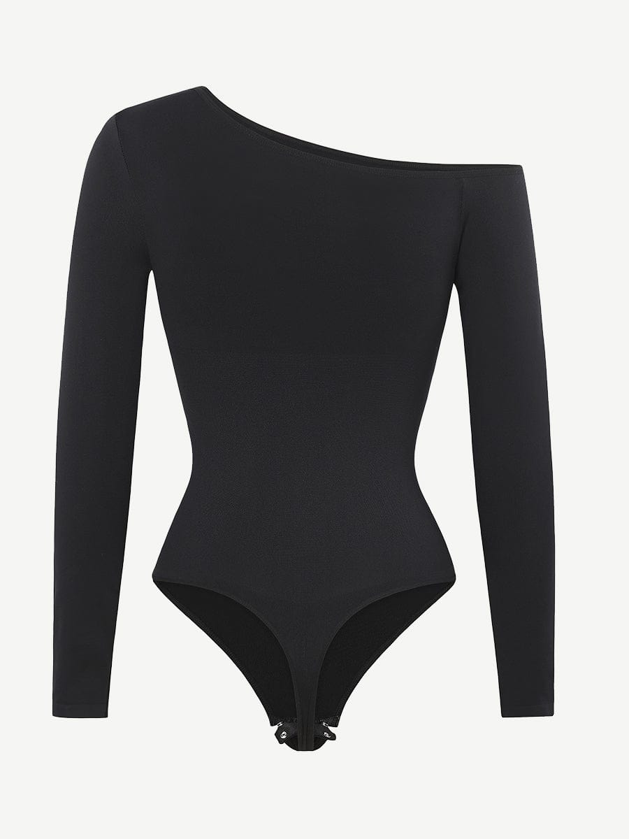 Wholesale Seamless Diagonal Neck Long Sleeve Waist Trimming Thong Bodysuit