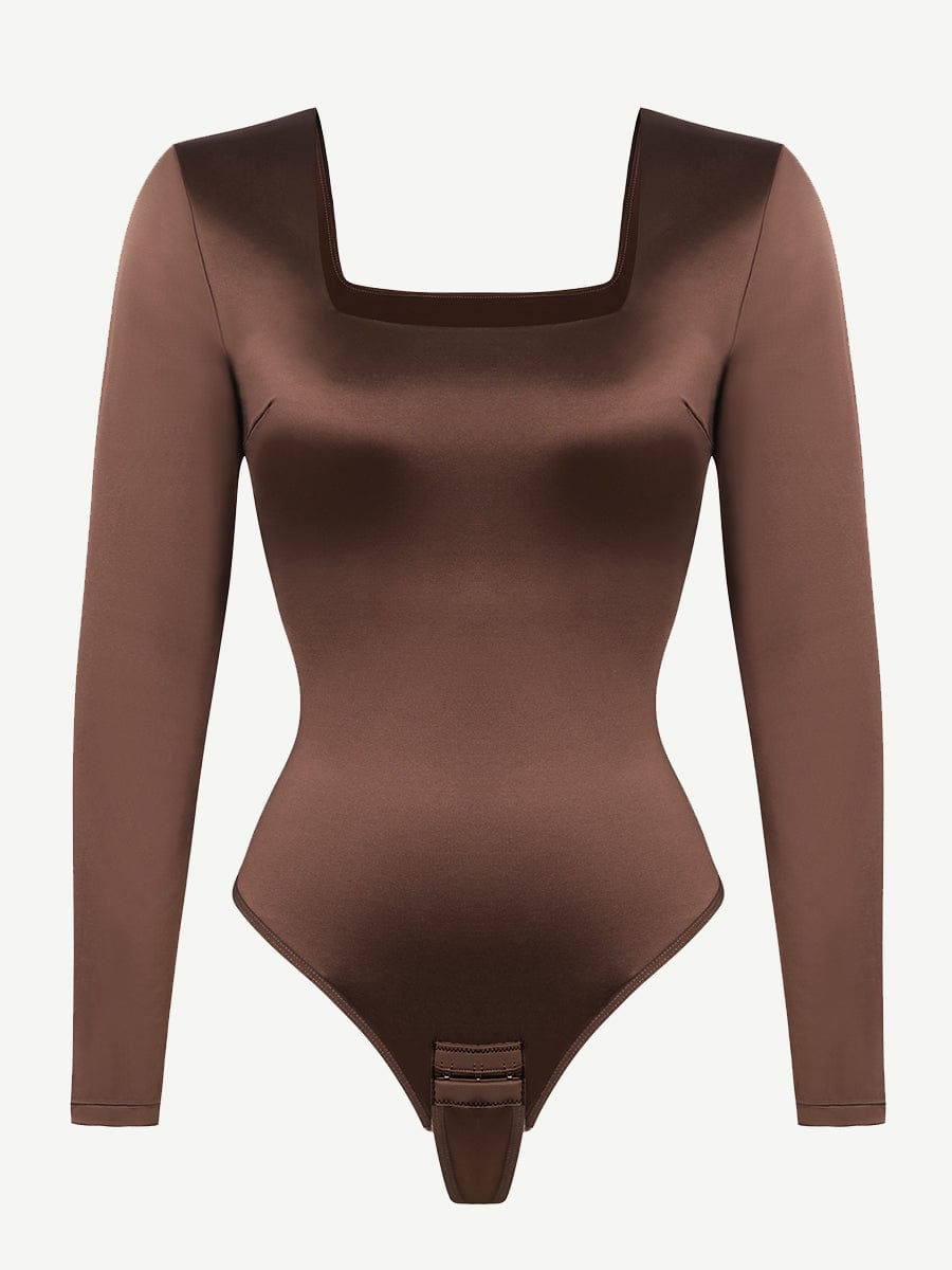 Wholesale Square Neck Long Sleeve Sleek Thong Bodysuit