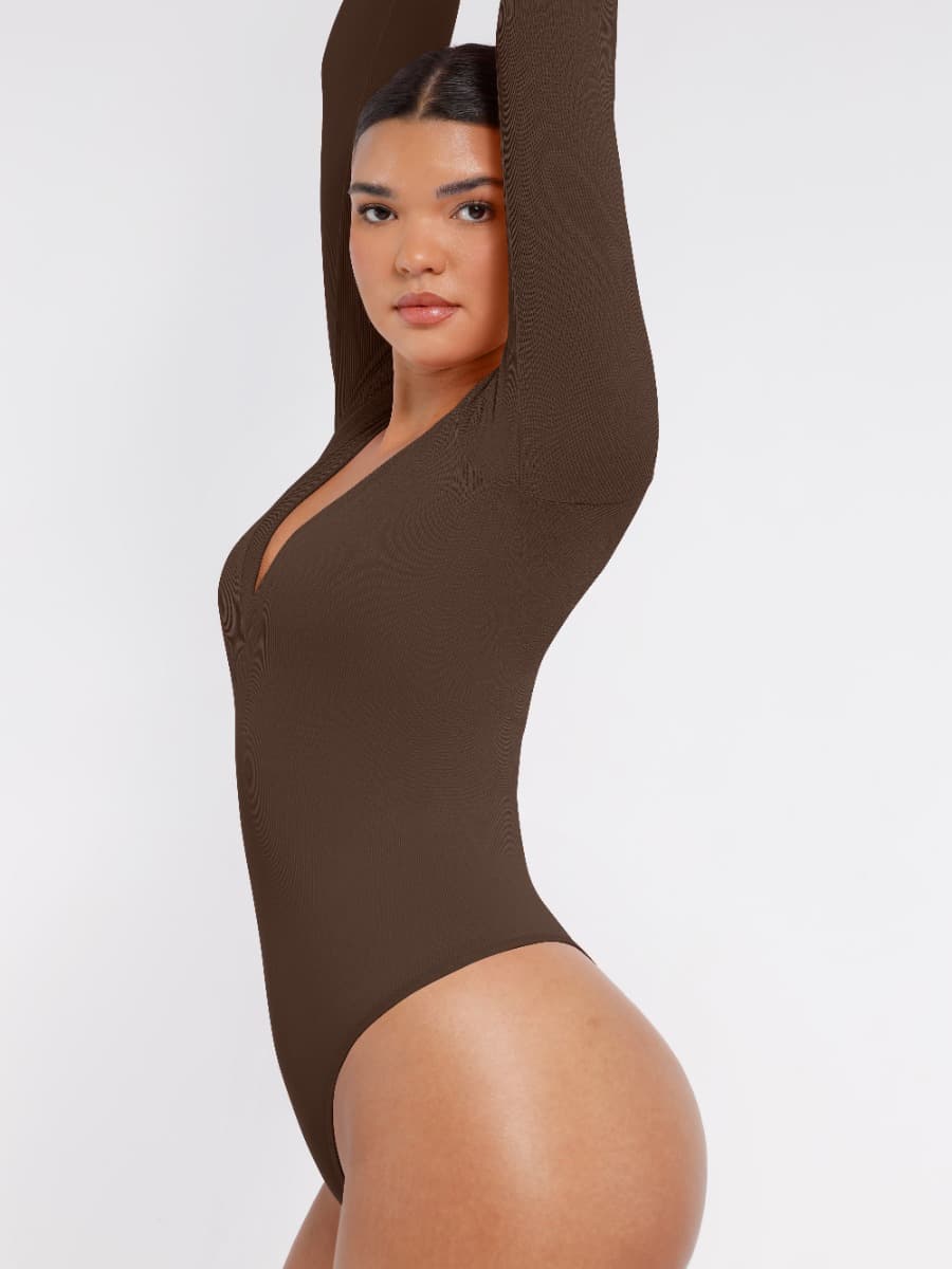 Wholesale Long Sleeved V-neck Waist Shaping Tummy Control Seamless Bodysuit