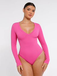 Wholesale Long Sleeved V-neck Waist Shaping Tummy Control Seamless Bodysuit