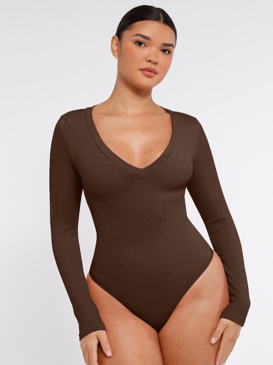 Wholesale Long Sleeved V-neck Waist Shaping Tummy Control Seamless Bodysuit