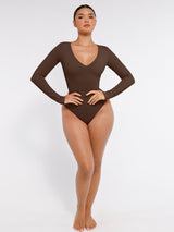 Wholesale Long Sleeved V-neck Waist Shaping Tummy Control Seamless Bodysuit