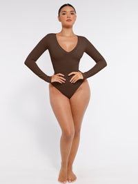 Wholesale Long Sleeved V-neck Waist Shaping Tummy Control Seamless Bodysuit