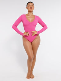 Wholesale Long Sleeved V-neck Waist Shaping Tummy Control Seamless Bodysuit