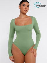 Wholesale 🌿Seamless Eco-friendly Square Neck Long Sleeve 360° Waist Control Thong Bodysuit