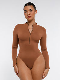 Wholesale Seamless Long Sleeve Zipper Thong Bodysuit