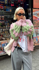 Women’s Chunky Knit Cardigan | Pink and Green Pattern | Balloon Sleeves | Cropped Autumn Layer