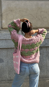 Women’s Chunky Knit Cardigan | Pink and Green Pattern | Balloon Sleeves | Cropped Autumn Layer