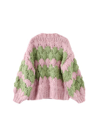 Women’s Chunky Knit Cardigan | Pink and Green Pattern | Balloon Sleeves | Cropped Autumn Layer